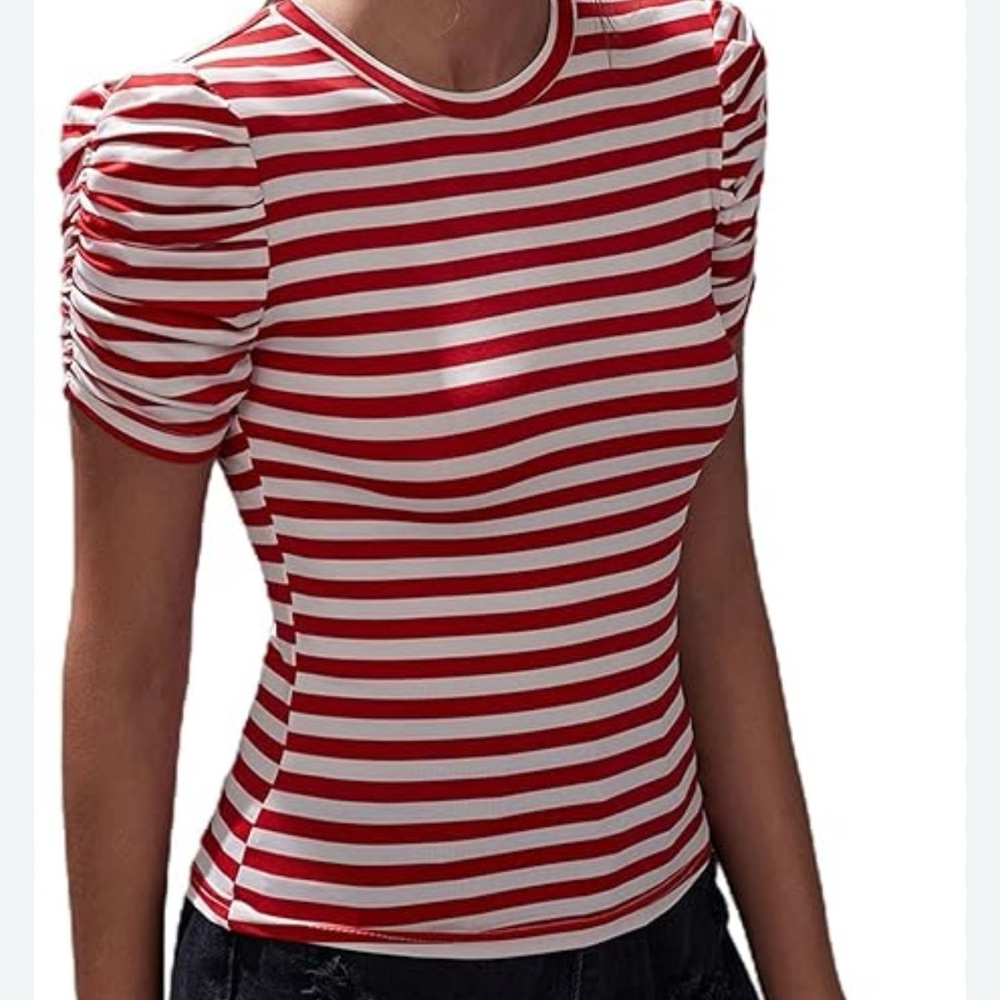 Red and White Striped Puff Sleeve Top
